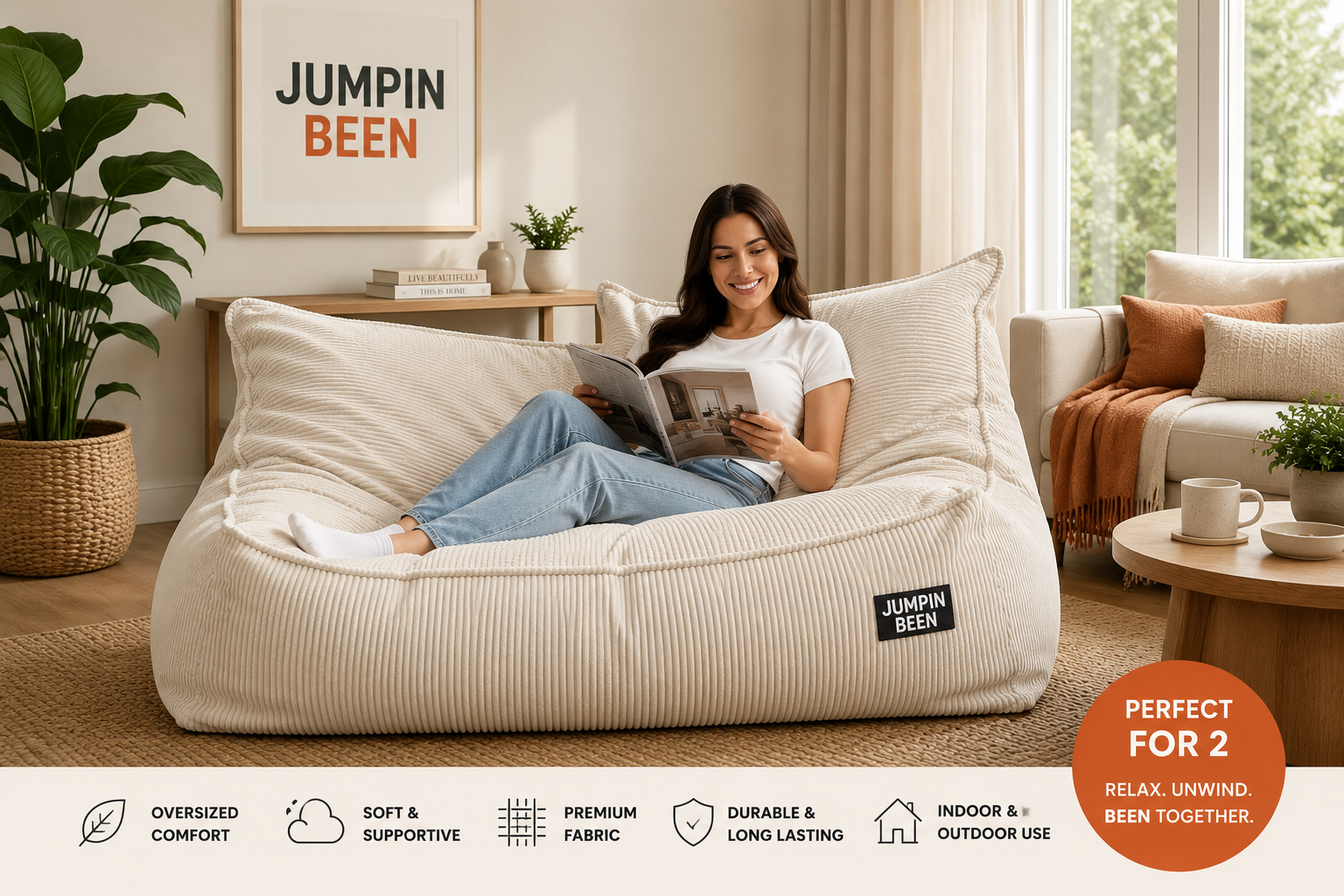 Cozy living room with oversized beanbag Jumpin Been Double Lounger